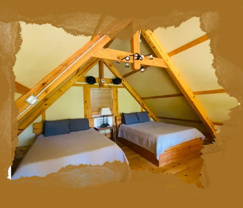 A bedroom with two beds and an attic.